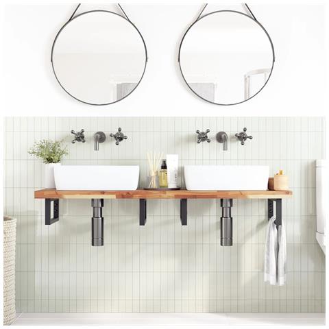 Ripiano A Parete Per Lavabo In Acciaio E Massello Di Acacia - Foto 2