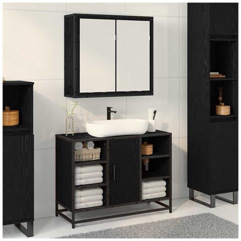 Mobiletto per specchio da bagno Rovere nero 65 x 20 x 60 cm - Foto 2