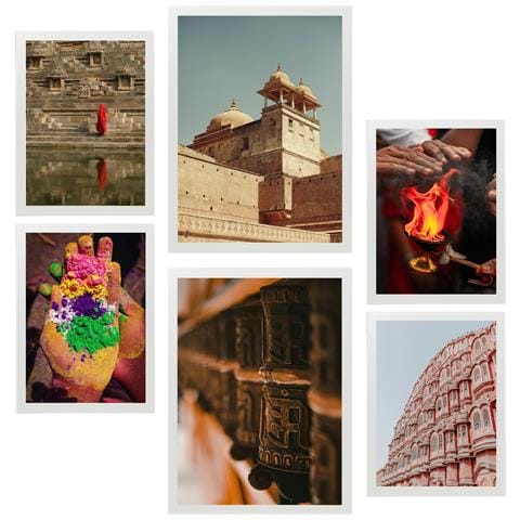 Set Di 6 Stampe Fotografie Di Dipinti Decorativi Dall'india E Dall'asia Incorniciate Con Illustrazioni Di Design Per La Decorazione Delle Pareti A3 & A4 Cornice Bianca - Foto 1