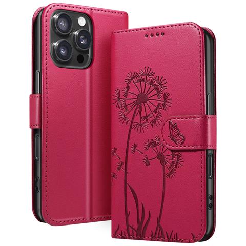 Custodia A Portafoglio Per Iphone 16 Pro Design Premium Fiori Farfalla, Rosso - Foto 1
