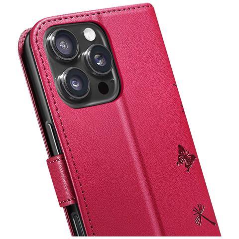 Custodia A Portafoglio Per Iphone 16 Pro Design Premium Fiori Farfalla, Rosso - Foto 5