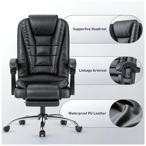 Sedia Da Ufficio - Sedia Ufficio Con Poggiapiedi Telescopico - Poltrona Girevole - Sedia Da Scrivania Per Computer - Schienale Oscillante - Altezza Regolabile - Braccioli Imbottiti - Nero - Foto 5