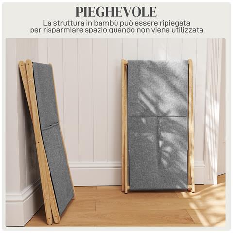 Cesto Portabiancheria Pieghevole 55L in Tessuto e Telaio in Bambù, Legno e Grigio - Foto 2