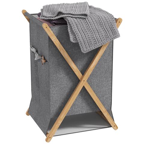 Cesto Portabiancheria Pieghevole 55L in Tessuto e Telaio in Bambù, Legno e Grigio - Foto 1