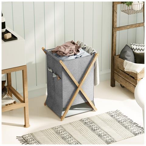 Cesto Portabiancheria Pieghevole 55L in Tessuto e Telaio in Bambù, Legno e Grigio - Foto 6