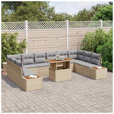 Set da Pranzo da Giardino da 11 Pezzi con Cuscini Beige in Rattan Poly Acacia - Foto 2