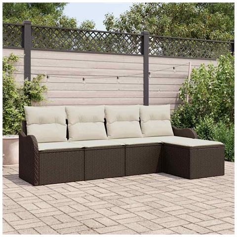 Set di Divani da Giardino  da 5 Pezzi con Cuscini in Polyrattan Marrone, Divano da Giardino a 2 Posti  con Spazio di Stoccaggio e Cuscini in Polyrattan Marrone - Foto 2