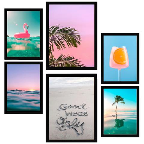 Set Di 6 Stampe Dipinto Decorativo Con Colori Vivaci Estivi Da Spiaggia Incorniciato Con Illustrazioni Di Design Per Le Pareti A3 & A4 Cornice Nera - Foto 1