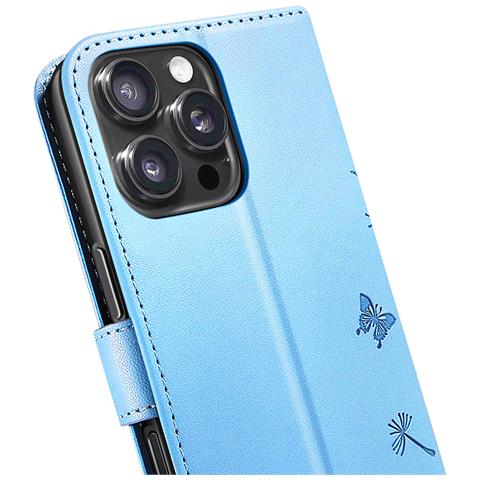 Custodia A Portafoglio Per Iphone 16 Pro Max Premium Design Fiori Farfalla, Blu Chiaro - Foto 2