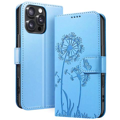 Custodia A Portafoglio Per Iphone 16 Pro Max Premium Design Fiori Farfalla, Blu Chiaro - Foto 1