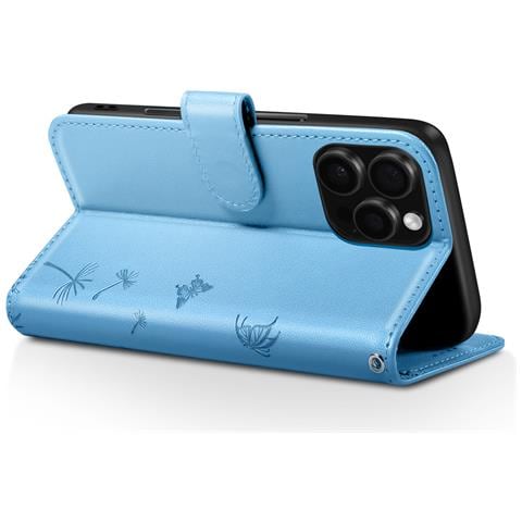 Custodia A Portafoglio Per Iphone 16 Pro Max Premium Design Fiori Farfalla, Blu Chiaro - Foto 5