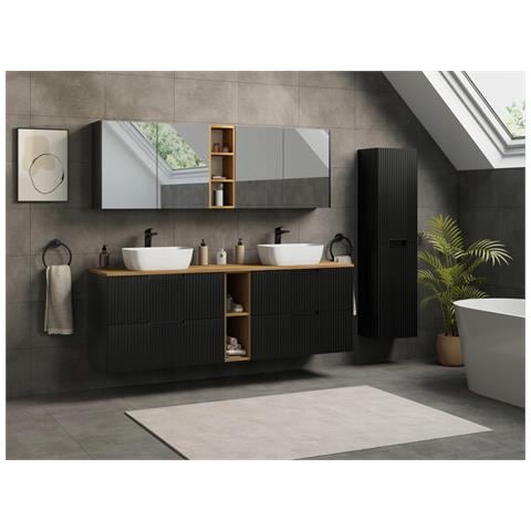 Mobile sottolavabo nero da 80 cmMobileda bagno, Piano di lavoro effetto marmo nero, Ripiano nero - Foto 2
