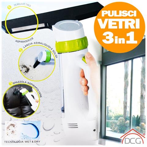 DCG Eltronic Pulisci Vetri 3 In 1 Ricaricabile Aspira Liquidi Briciole Tergivetro Wet&dry