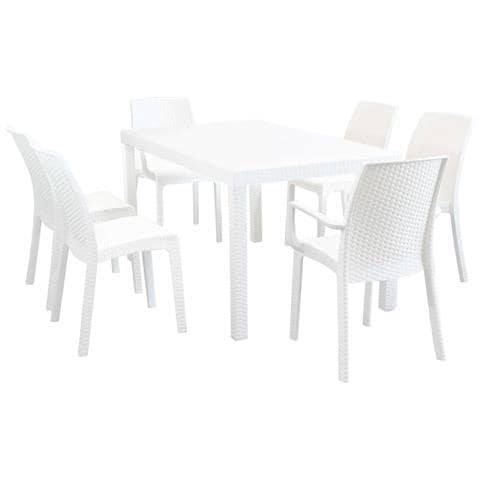 Set Tavolo Da Giardino Rettangolare Fisso Cm 150 X 90 Con 4 Sedie E 2 Poltrone In Wicker Stampato Bianco Da Esterno - Foto 1
