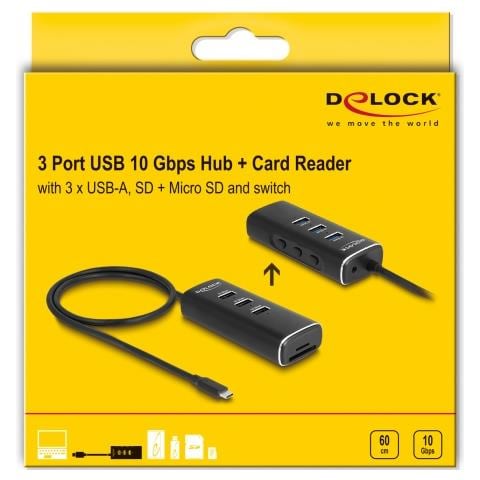Hub USB 10 Gbps a 3 porte con lettore di schede SD e Micro SD con connettore USB Type-C Cavo da 60 cm e interruttore per ogni porta - Foto 5