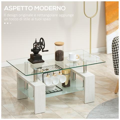 Tavolino Da Caffè Moderno A 2 Livelli In Vetro E Legno, 90x50x42cm, Bianco - Foto 2