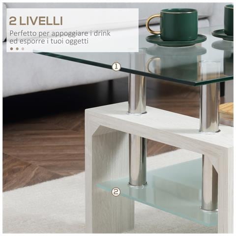 Tavolino Da Caffè Moderno A 2 Livelli In Vetro E Legno, 90x50x42cm, Bianco - Foto 6