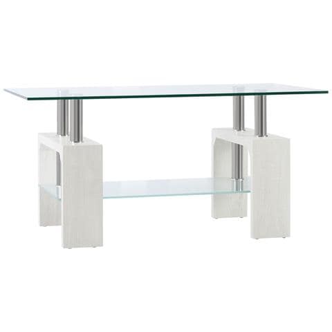 Tavolino Da Caffè Moderno A 2 Livelli In Vetro E Legno, 90x50x42cm, Bianco - Foto 1