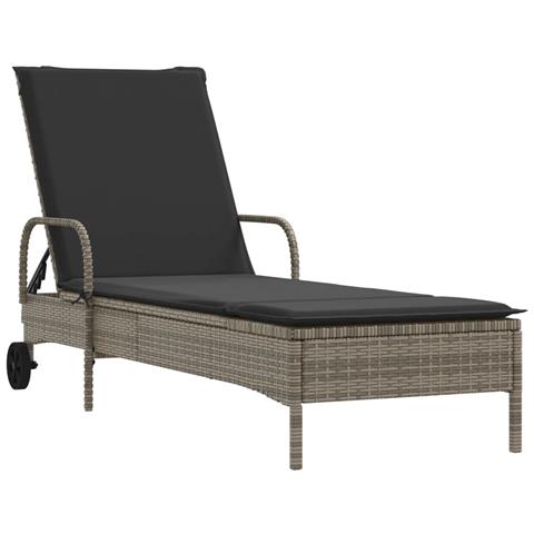 Lettino Prendisole Con Ruote E Cuscino In Polyrattan Grigio - Foto 2