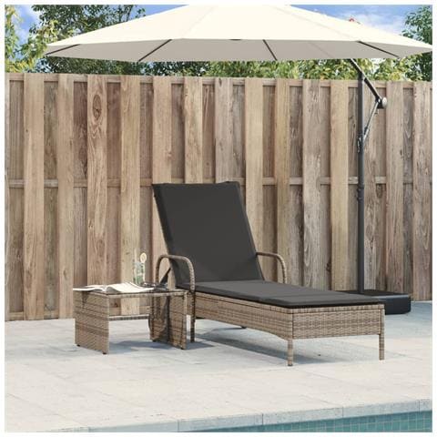 Lettino Prendisole Con Ruote E Cuscino In Polyrattan Grigio - Foto 3