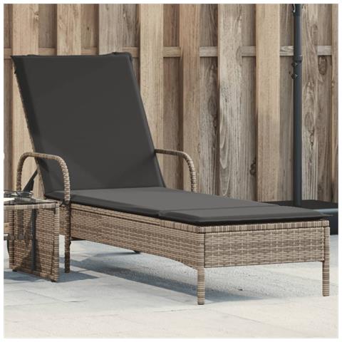 Lettino Prendisole Con Ruote E Cuscino In Polyrattan Grigio - Foto 1