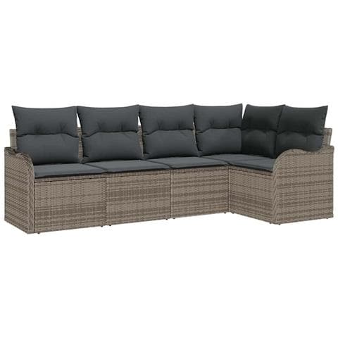 Set di divani da giardino  da 5 pezzi con cuscini in rattan polimerico grigio, Divano da giardino  a 2 posti con cuscini in rattan polimerico grigio - Foto 1