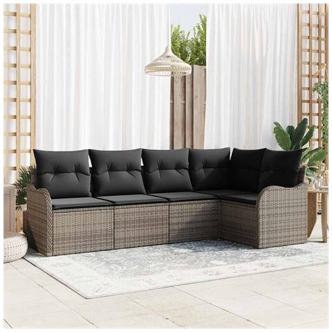 Set di divani da giardino  da 5 pezzi con cuscini in rattan polimerico grigio, Divano da giardino  a 2 posti con cuscini in rattan polimerico grigio - Foto 2