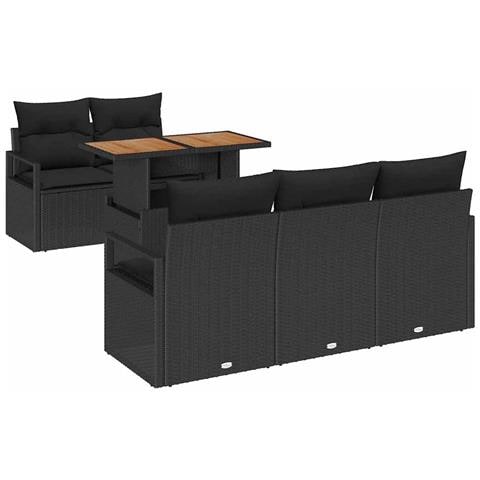 Set divani da giardino con cuscini 6 pezzi rattan nero acacia, Divano da giardino a due posti con cuscini rattan nero - Foto 1