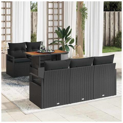 Set divani da giardino con cuscini 6 pezzi rattan nero acacia, Divano da giardino a due posti con cuscini rattan nero - Foto 2