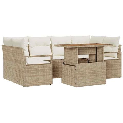 Set Divano Giardino 7 Pezzi con Cuscini Beige Polyrattan Acacia, Divano Giardino per 2 Persone con Cuscini Beige Polyrattan - Foto 1