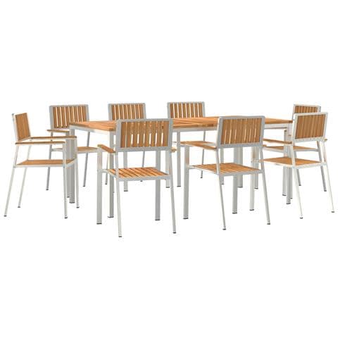 Set da Pranzo da Giardino  9 Pezzi in Teak Massello, Tavolo da Pranzo Outdoor  200x90x74.5 cm in Teak Massello, Sedie da Giardino Impilabili  4 pz in Teak Massello e Metallo - Foto 1