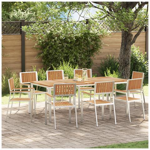 Set da Pranzo da Giardino  9 Pezzi in Teak Massello, Tavolo da Pranzo Outdoor  200x90x74.5 cm in Teak Massello, Sedie da Giardino Impilabili  4 pz in Teak Massello e Metallo - Foto 2