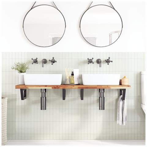 Ripiano A Parete Per Lavabo In Acciaio E Massello Di Acacia - Foto 2