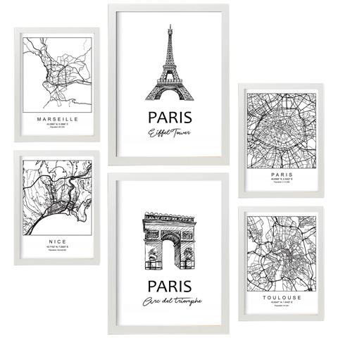 Set Di 6 Stampe Stampe Di Mappe E Monumenti Della Francia In Bianco E Nero Per L'arredamento Della Tua Casa, Ufficio, Azienda A3 & A4 Cornice Bianca - Foto 1
