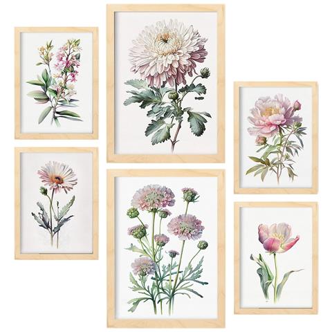 Set Di 6 Stampe Fiori Rosa Stampe Naturalistiche E Botaniche A Colori Con Motivi Floreali Su Sfondi Bianchi Puri A3 & A4 Telaio In Legno Chiaro - Foto 1