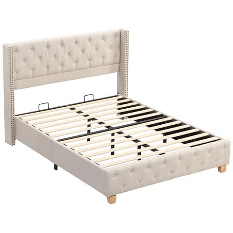 Letto Imbottito In Lino Beige Con Dettagli Trapuntati - Foto 3