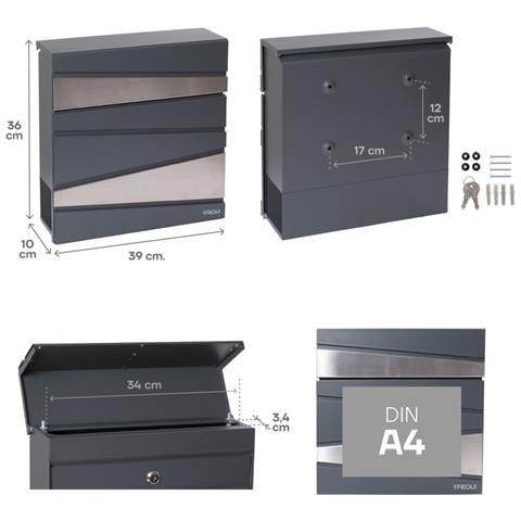 Armor E6905 Cassetta Postale In Acciaio E Acciaio Inossidabile Con Portagiornali, Din A4, Con Coperchio Protettivo, Grigia Antracite E Inox - Foto 2