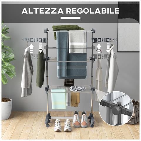 Stendino Verticale con 3 Ripiani Regolabili, in Acciaio e Plastica, 142x55x152 cm, Grigio e Argento - Foto 2