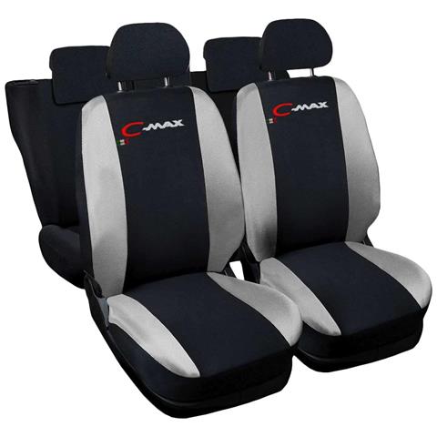 Coprisedili Auto Compatibili Per C-max, Made In Italy, Set Di Copri Sedili Anteriori E Posteriori Con Copri Poggiatesta Incluso, Tessuto Poliestere, Colore - Nero \grigio Chiaro - Foto 1