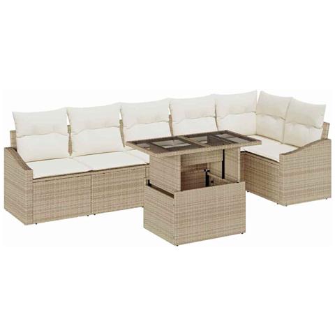 Set di Divani da Giardino in Rattan con Cuscini 7 Pezzi Beige - Foto 1