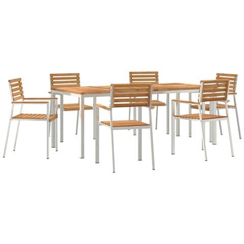 Set da Pranzo da Giardino a 7 Pezzi in Legno Massello Teak, Tavolo da Pranzo Esterno 200x90x74.5 cm in Legno Massello Teak, Sedie da Giardino impilabili 2 pz in Legno Massello Teak e Acciaio, Sedie da Giardino impilabili 4 pz in Legno Massello Teak e - Foto 1