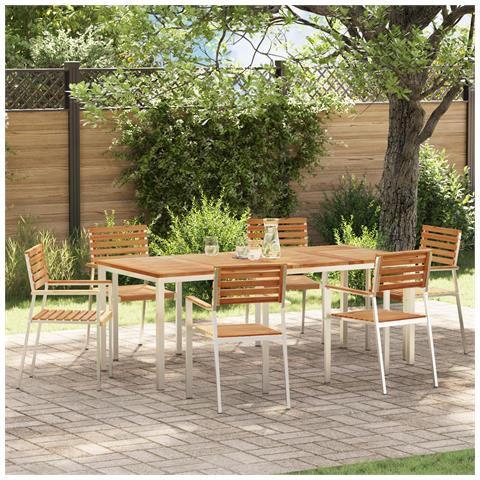 Set da Pranzo da Giardino a 7 Pezzi in Legno Massello Teak, Tavolo da Pranzo Esterno 200x90x74.5 cm in Legno Massello Teak, Sedie da Giardino impilabili 2 pz in Legno Massello Teak e Acciaio, Sedie da Giardino impilabili 4 pz in Legno Massello Teak e - Foto 2