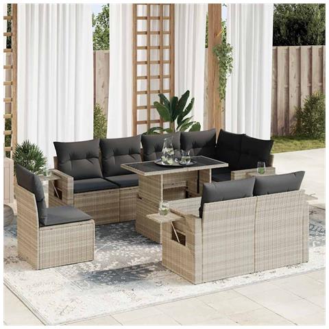 Set Divano da Giardino 9pz con Cuscini Grigio Chiaro Polyrattan - Foto 2