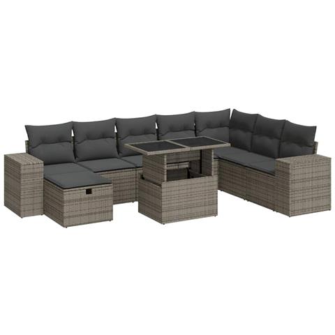 Set Divano da Giardino 9 pz con Cuscini Grigio in Polyrattan - Foto 1
