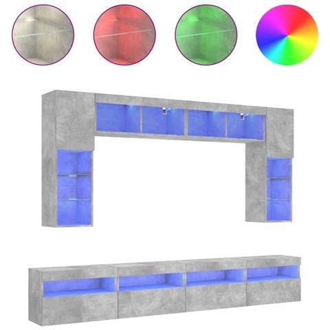 Set Mobili TV a Muro 8 pz con Luci LED Grigio Cemento - Foto 1