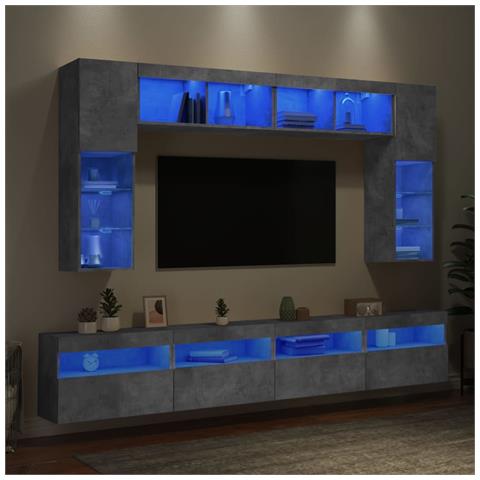 Set Mobili TV a Muro 8 pz con Luci LED Grigio Cemento - Foto 2