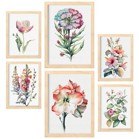 Set Di 6 Stampe Hibiscus Stampe Naturalistiche E Botaniche A Colori Con Motivi Floreali Su Sfondi Bianchi Puri A3 & A4 Telaio In Legno Chiaro - Foto 1