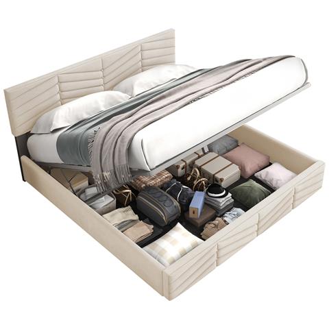 Letto Matrimoniale In Velluto Beige Con Stoccaggio - Foto 1