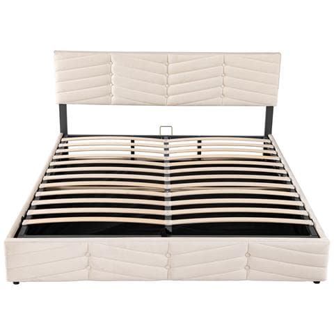 Letto Matrimoniale In Velluto Beige Con Stoccaggio - Foto 3