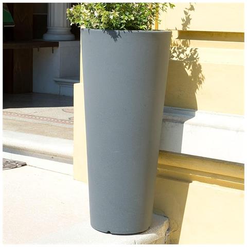 Vaso Tondo Alto A Cono Ø40xh78 Cm In Resina Resistente Da Esterno Con Vaschetta Estraibile Tirso Plus Gdm - Grigio - Foto 3